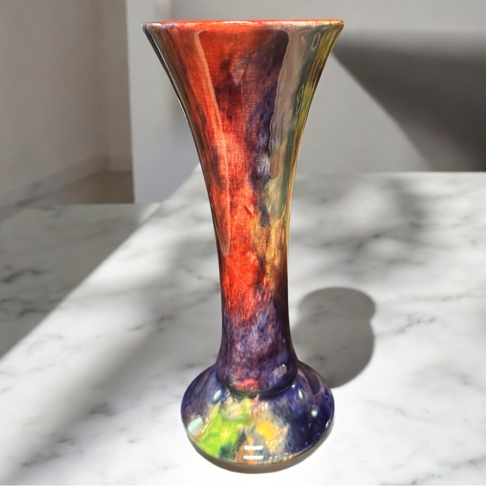 ANTIQUE REGAL WARE R.P.C. MULTICOLOR GLAZED VASE HAND PAINTED - MADE IN ENGLAND